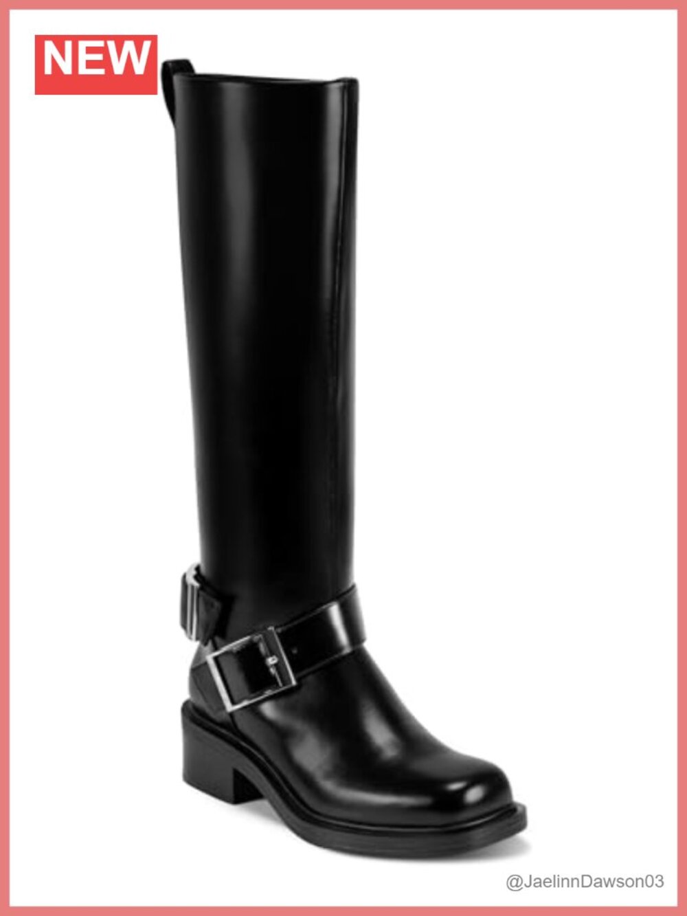 DKNY Ithara Heeled Knee High Boot with Belt Detail, Faux Leather, Block Heel